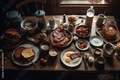 A classic American breakfast spread on a rustic wooden table, with pancakes, bacon, eggs, and toast