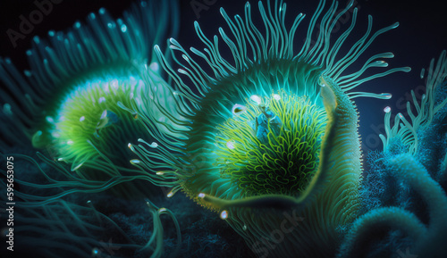 Close - up futuristic organic flowers alien seaweed 2 p , Generative AI