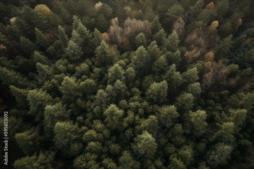 A bird s eye view of a lush pinewood forest. Generative AI
