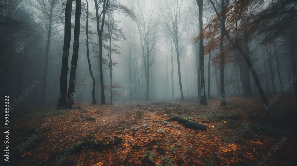 Obraz premium A forest filled with lots of trees covered in fog. Al generated
