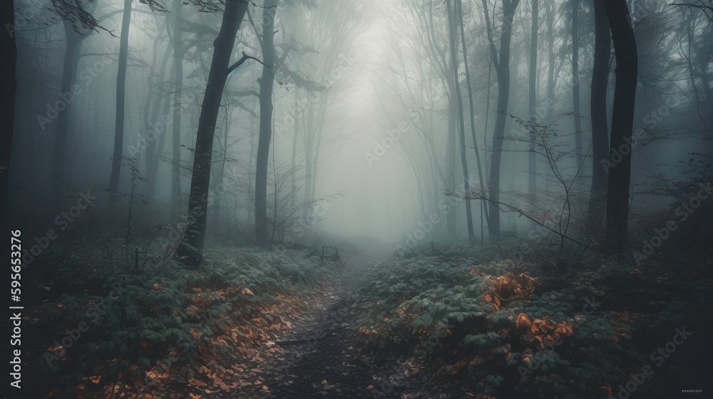 Naklejka premium A forest filled with lots of trees covered in fog. Al generated
