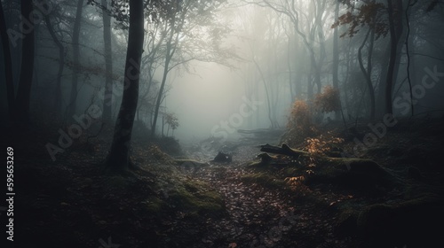 A forest filled with lots of trees covered in fog. Al generated © ArtStage