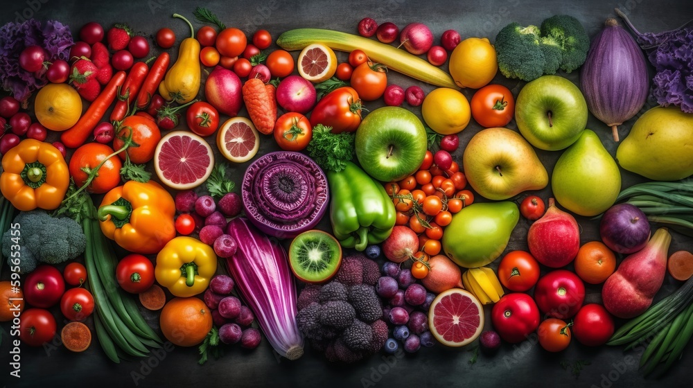 Assortment of fresh organic fruits and vegetables. Al generated