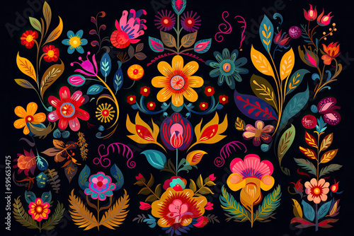 Mexican flowers and florals vector set of bright colorful blooming plants with Mexico ethnic or folk ornaments. Blossoms, flourishes and leaves of Mexican flowers, embroidery pattern or textile design