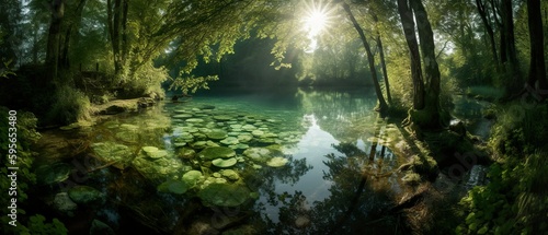 A magical photo of a natural pool nestled in the heart of a forest  generative Ai