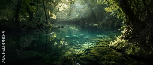 A magical photo of a natural pool nestled in the heart of a forest, generative Ai © Aleksandr