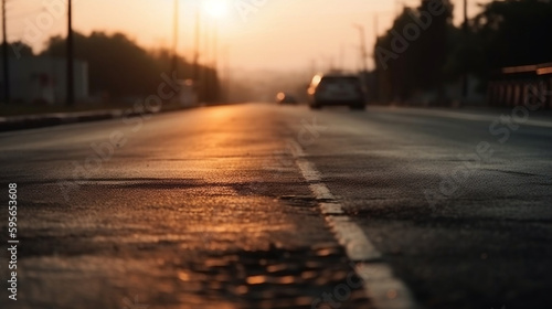 Blurry of road in the middle of asphalt road at sunset. Generative AI