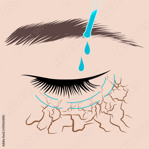 hydration the skin around the eyes. Close up cropped portrait of young woman applying cosmetic product, cream on face. Caring for the skin around the eyes. Morning routine. Vector illustration.