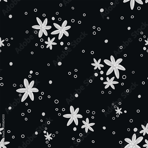 Modest floral pattern with white and grey wildflowers on black background