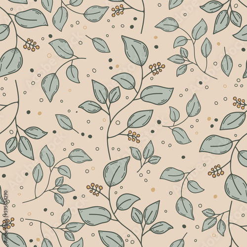 Yellow floral berry branches, dots and leaves on neutral tan background