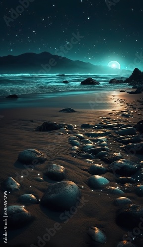 Fantasy night beach with magic glow