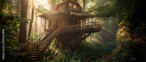 A magical photo of a treehouse nestled among the lush greenery of a forest, generative Ai