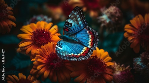 Blue butterfly in surrounded by colorful flowers. Al generated