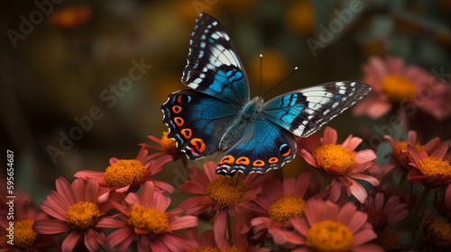 Blue butterfly in surrounded by colorful flowers. Al generated © ArtStage