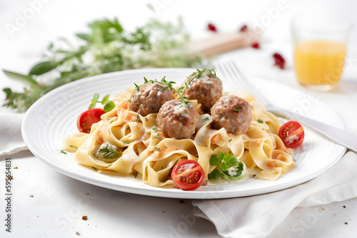 Homemade tagliatelle pasta with meatballs and tomatoes. Italian food. AI generated