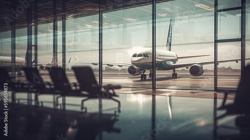 Boarding area with glass window and planes. Al generated