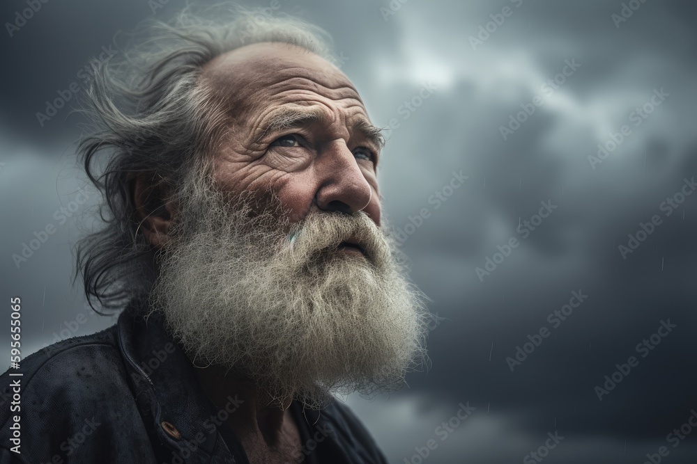 Visionary Old Man with Beard in Stormy Sky Portrait Photography