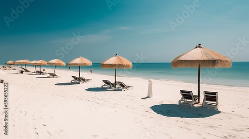 Beautiful beach banner. White sand  chairs and umbrella travel tourism wide panorama background concept. Amazing beach landscape. Generative AI.