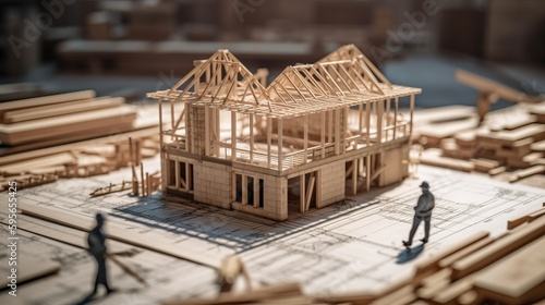 Building house wooden layout miniature on blueprints with worker construct. Al generated
