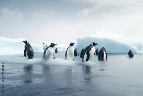 penguins floating on ice