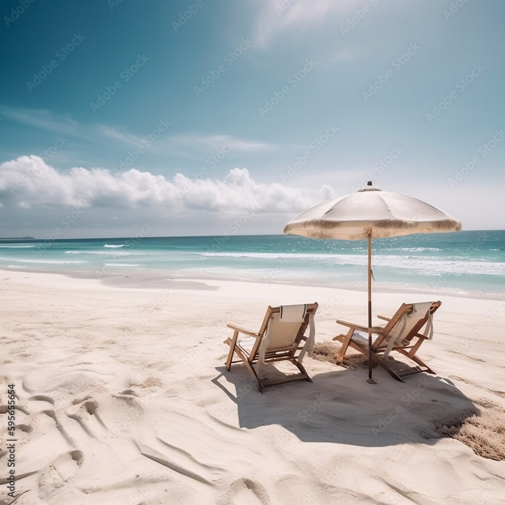 Beautiful beach banner. White sand, chairs and umbrella travel tourism wide panorama background concept. Amazing beach landscape. Generative AI.