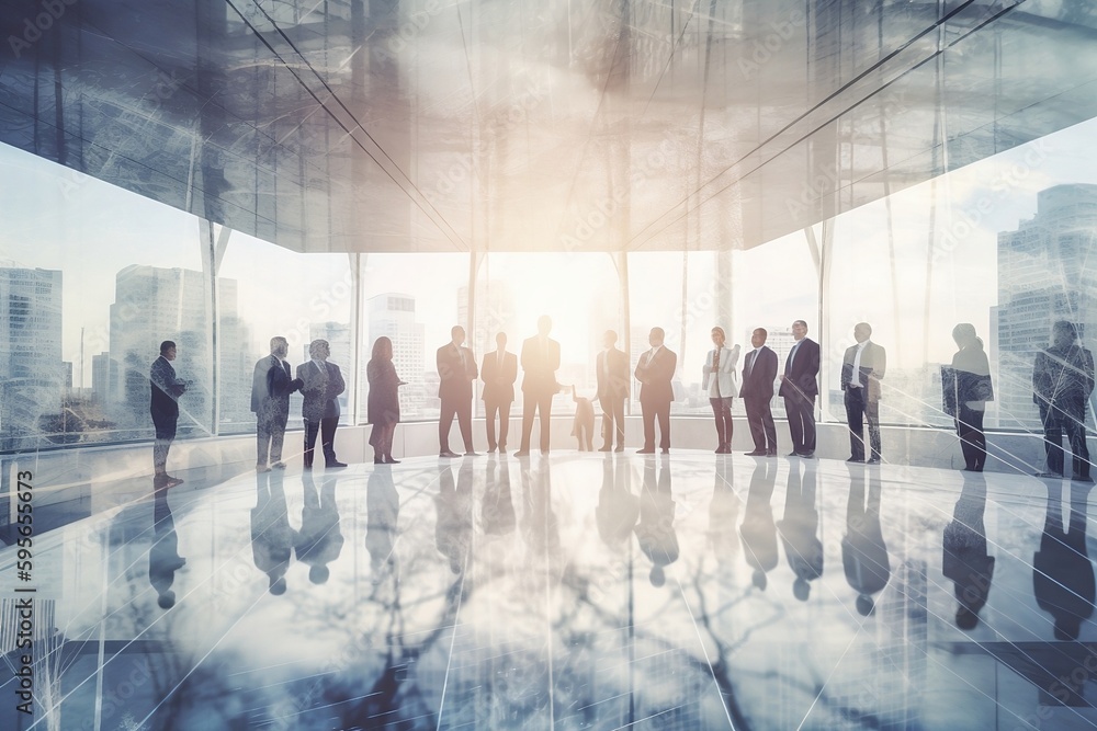 Achieving Business Success through Partnership: Double Exposure Image of Conference Group Meeting with City Office Building Background and Business People, created using generative AI