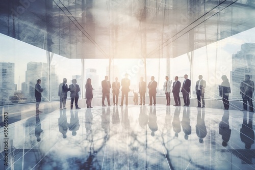 Achieving Business Success through Partnership: Double Exposure Image of Conference Group Meeting with City Office Building Background and Business People, created using generative AI