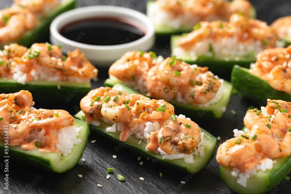 Cucumber Shrimp Sushi Boats with Spicy Mayo, Rice, Chives and sesame seeds Cucumber Shrimp Sushi Boats with Spicy Mayo, Rice, Chives and sesame seeds