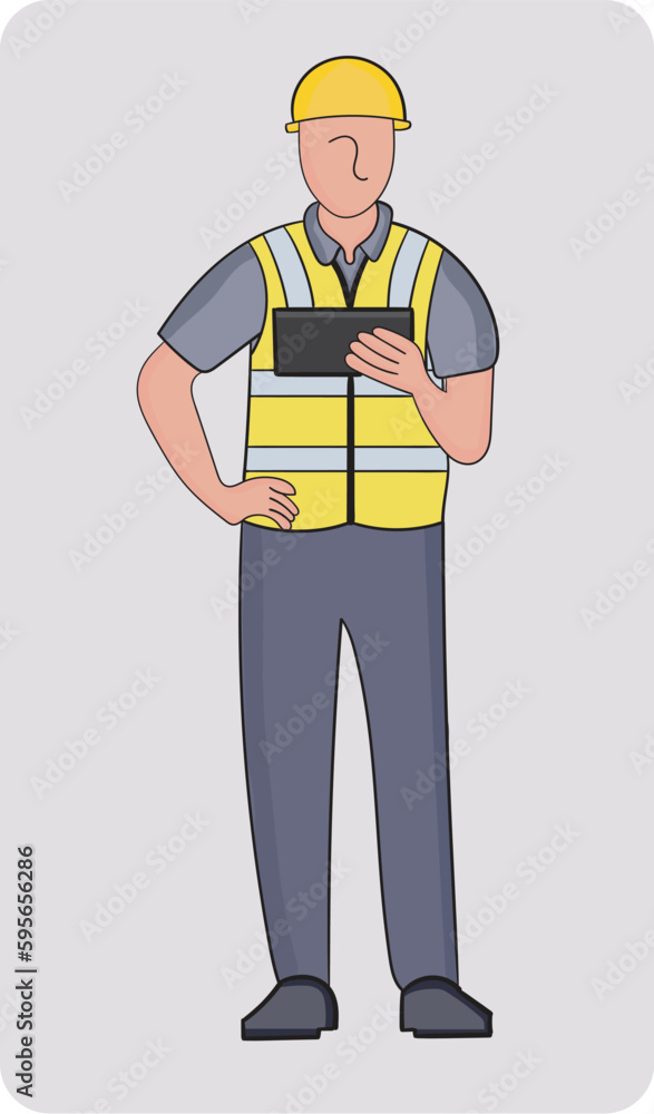 A engineer in a yellow vest with a tablet. A engineer in a yellow vest with a tablet.