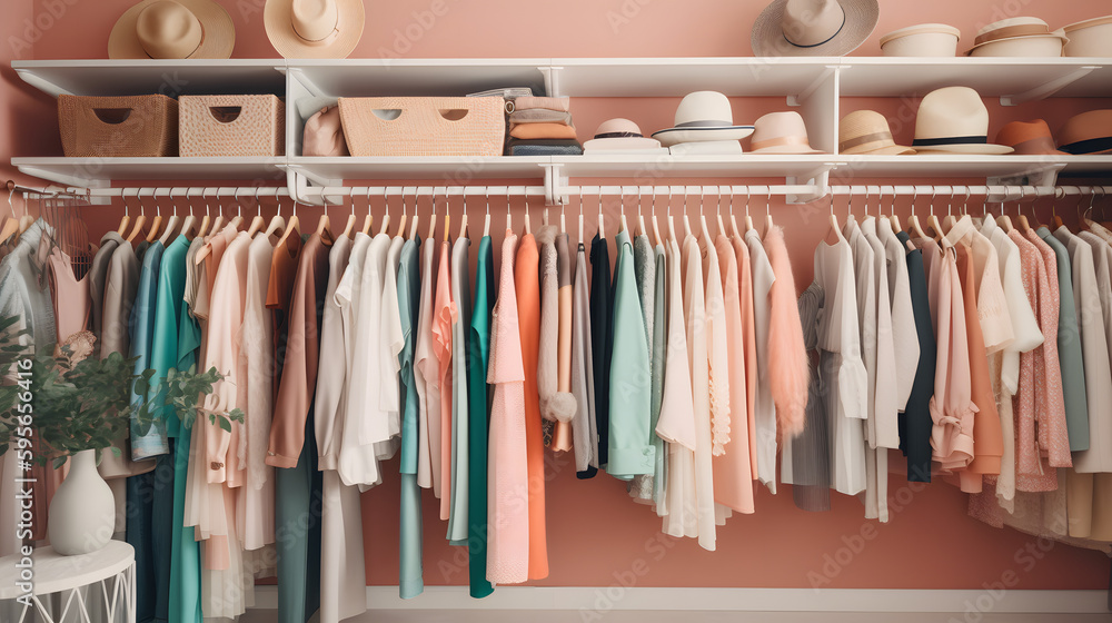 A Beautifully Organized Closet  wardrobe with Stylish Clothes and Accessories, generative AI