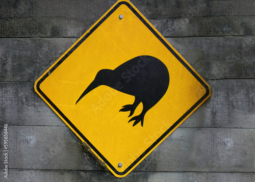 Kiwi Road Sign, Rakiura National Park, Stewart Island, New Zealand's third-largest island. Because there are few introduced predators, Kiwis thrive here photo