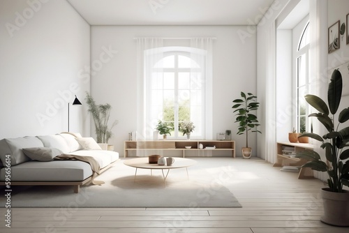 Minimalistic Modern Living Room Design with plants. AI generative illustrations