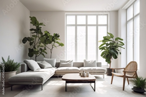 Minimalistic Modern Living Room Design with plants. AI generative illustrations