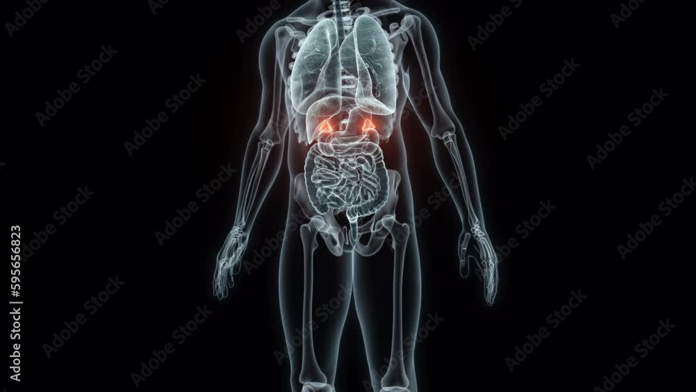 3D rendering Medical Animation of a Adrenal Glands.X-ray of a Human Adrenal Glands 3D rendering Medical Animation of a Adrenal Glands.X-ray of a Human Adrenal Glands
