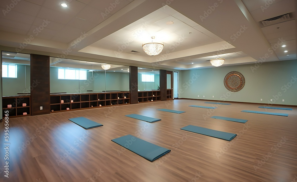 Yoga studio, empty yoga studio, meditation, pilates studio, yoga class. Generative AI. Yoga studio, empty yoga studio, meditation, pilates studio, yoga class. Generative AI.