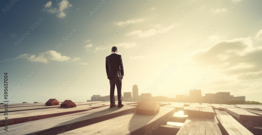 Obraz premium Person making steps to financial stability after bankruptcy, generative ai