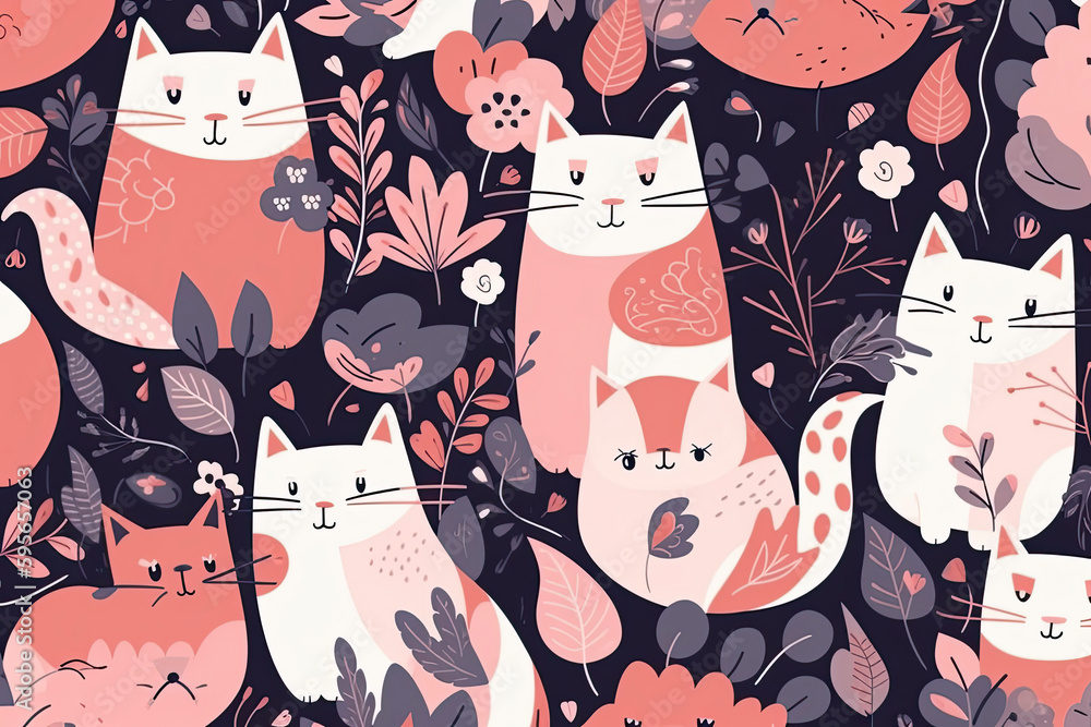 Seamless pattern with cute colorful Kittens. Creative childish pink texture