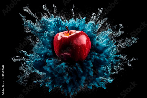 Fantastic blue explosion with a red apple.