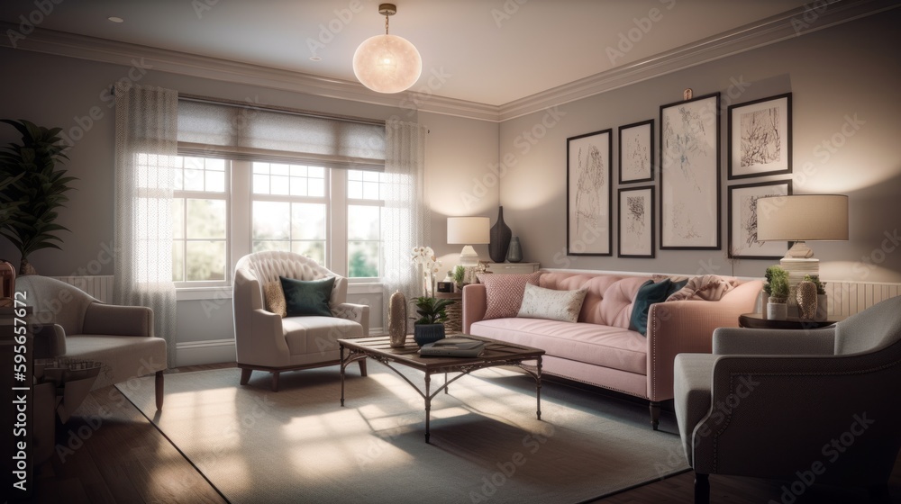 Fototapeta premium Grandmillennial interior design room with beautiful lightning generative ai
