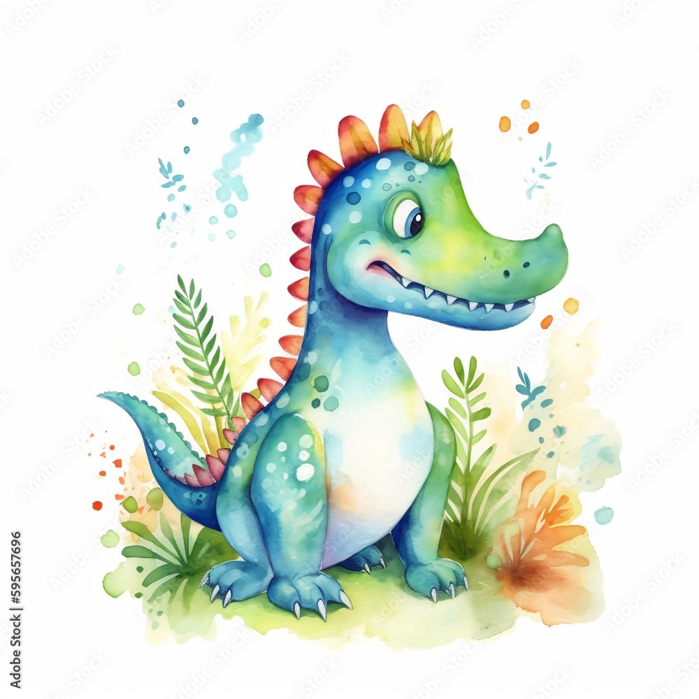 Watercolor illustration of a green dinosaur. Vector art. Nursery Art. Wall art. Generative AI.