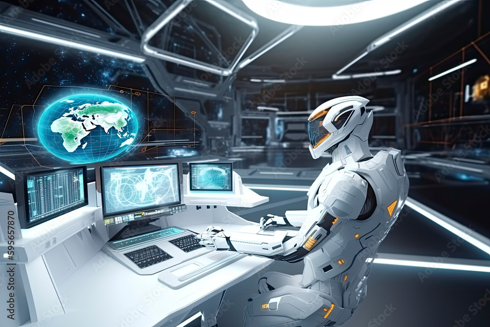 Robot cyborg in a control room flying a white modern spaceship with window view on spac Robot cyborg in a control room flying a white modern spaceship with window view on spac