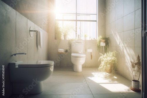 Modern white bathroom with sunlight and clean toilet  shower  and white walls. Copy space background available. Generative AI
