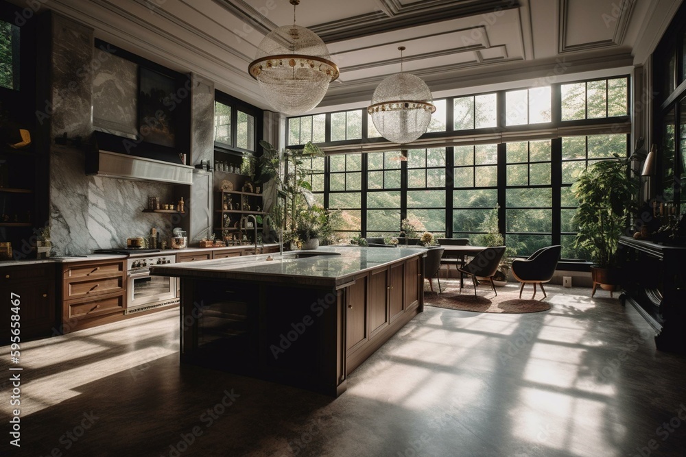 Elegant living space boasts big windows & kitchen island. Opulent ...