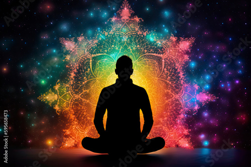 Silhouette of man with starry night inside doing yoga in lotus flower