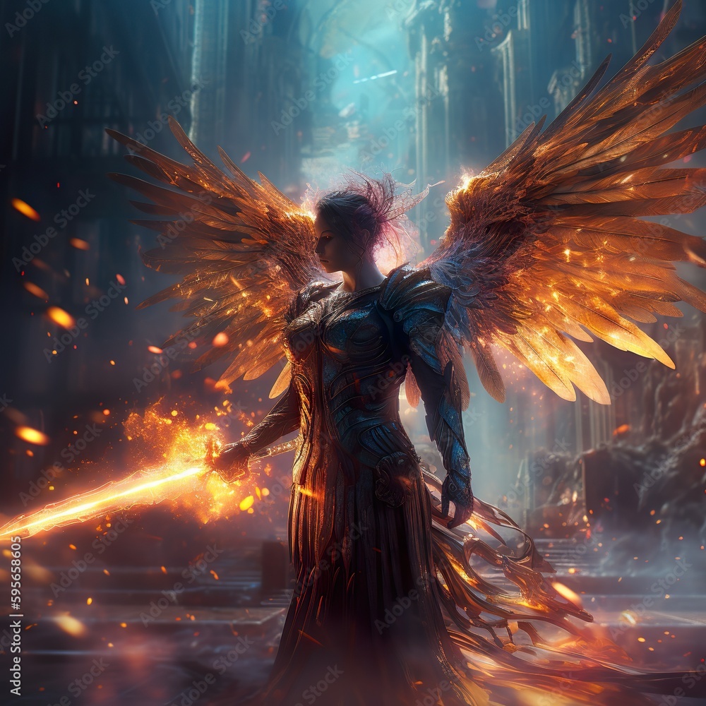 Archangel with a flaming sword (ai generate) Stock Illustration | Adobe ...