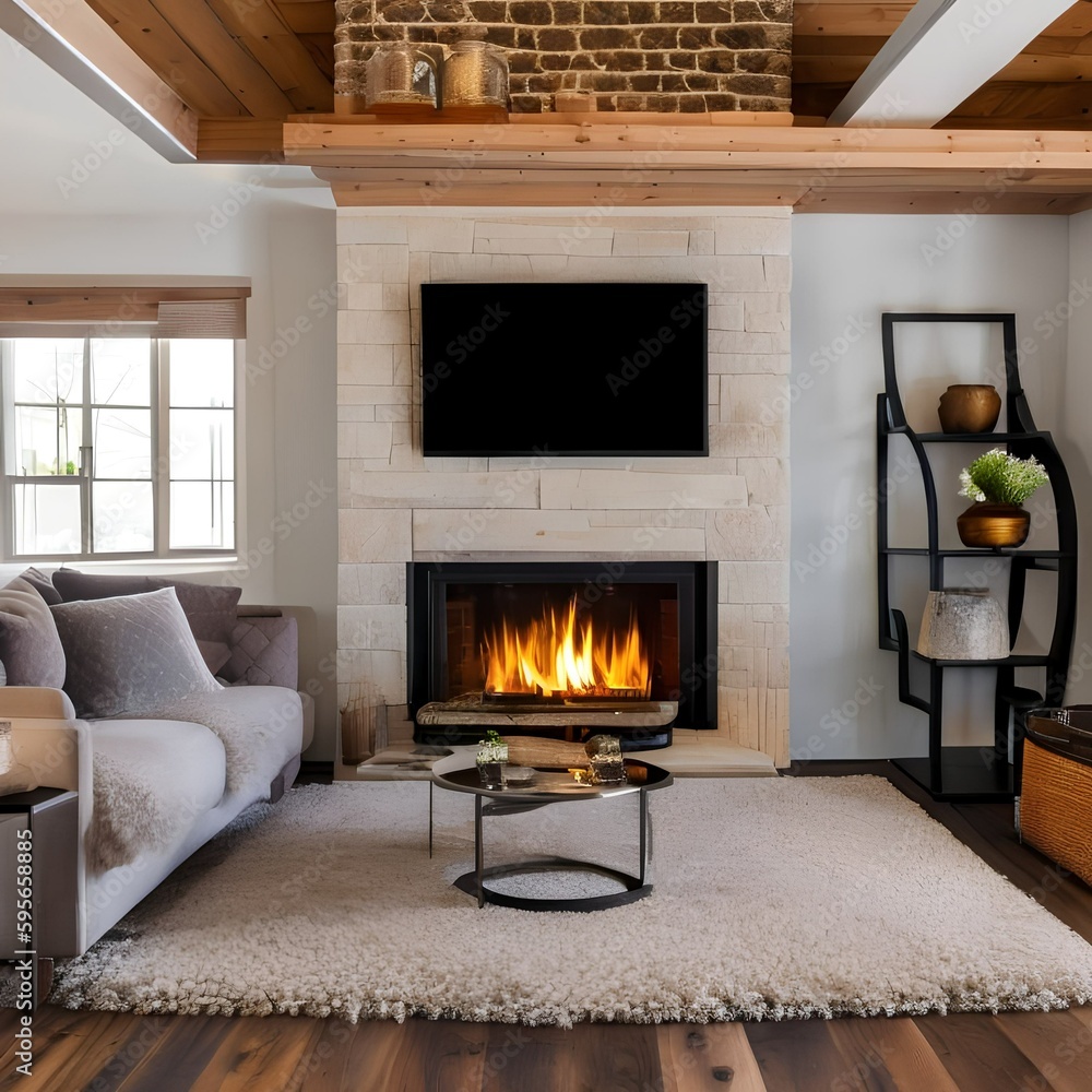 1 A cozy living room with a fireplace, plush sofa, and rustic decor2, Generative AI 1 A cozy living room with a fireplace, plush sofa, and rustic decor2, Generative AI