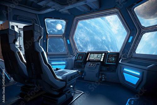 Spaceship interior with view on the planet Earth 3D rendering elements of this image furnished by NASA © rufous