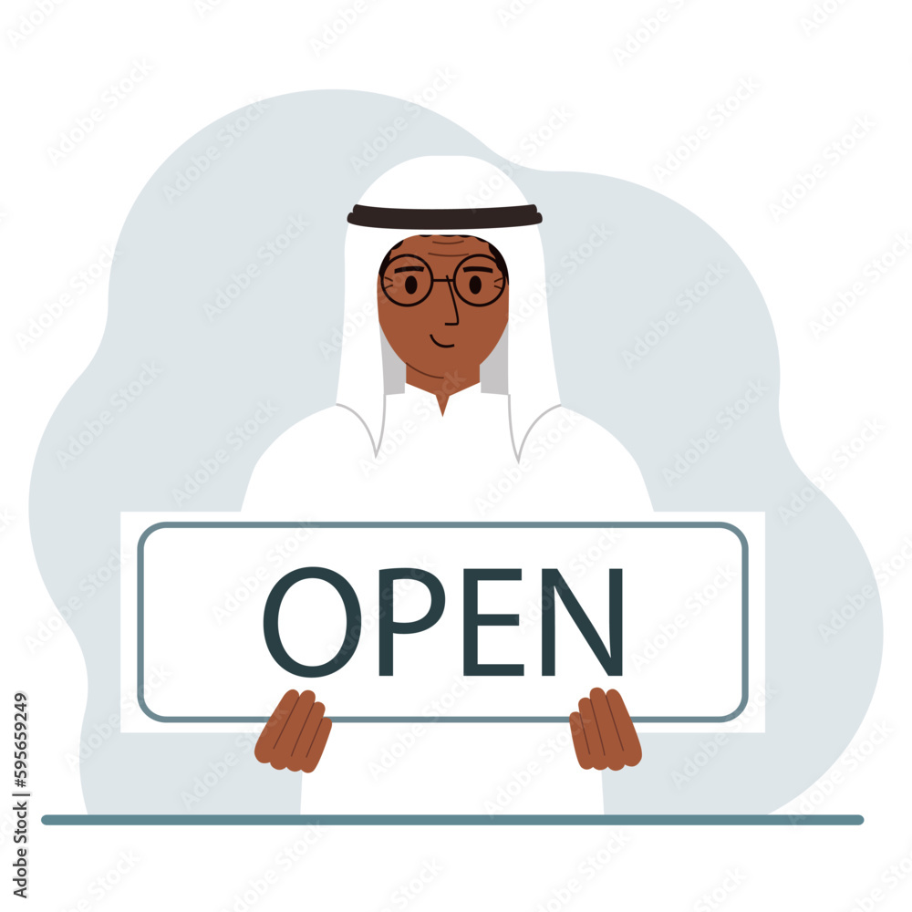 A man holds a board with the text OPEN in his hands. Advertising poster. A man holds a board with the text OPEN in his hands. Advertising poster.