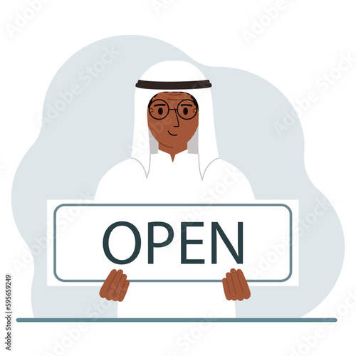 A man holds a board with the text OPEN in his hands. Advertising poster.