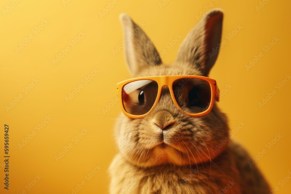 Funny cute bunny in sunglasses with happy emotion. AI generated, human enhanced